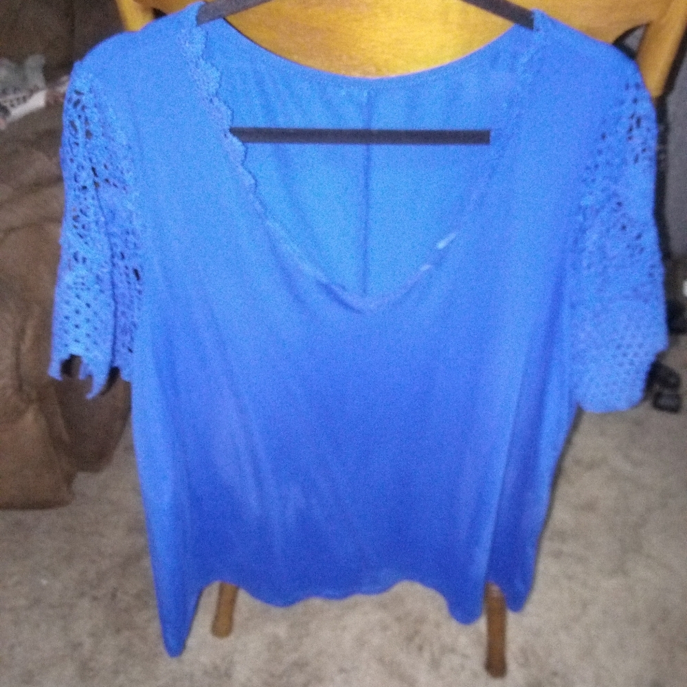 Blue Lace Sleeve Women's Top XXL V-neck